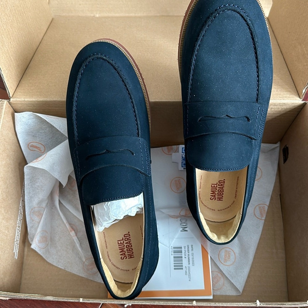 Men’s New w box Samuel Hubbard blue suede loafers size 10.5w